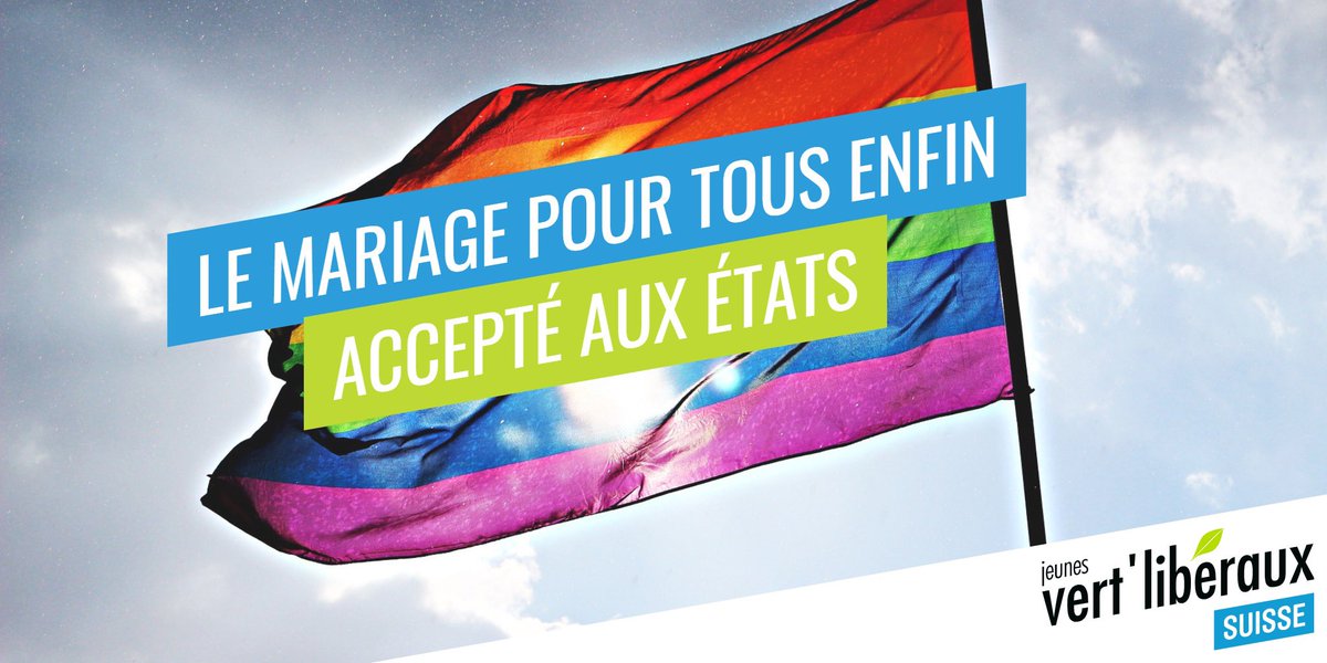 Bonne nouvelle: aujourd’hui le Conseil des Etats s’est prononcé en faveur de la loi sur le mariage pour tous•tes!🥳 Les Jeunes vert’libéraux se réjouissent de cette étape importante et envisagent l'avenir de manière positive!🏳️‍🌈🏳️‍🌈🏳️‍🌈

#mariagepourtous #égalitédesdroits #lgbtqia