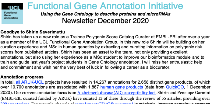 UCLgene's tweet photo. Our December Newsletter covers Shirin moving to a post at EMBL-EBI, ARUK-funded annotation progress and new students joining the group to curate cardiovascular-relevant processes https://t.co/OOrE9k0Esr #biocuration #GOannotation #miRNA @UCL_ICS @UCLIoN @ShirinCCS @news4go https://t.co/7RbRJjcZFy