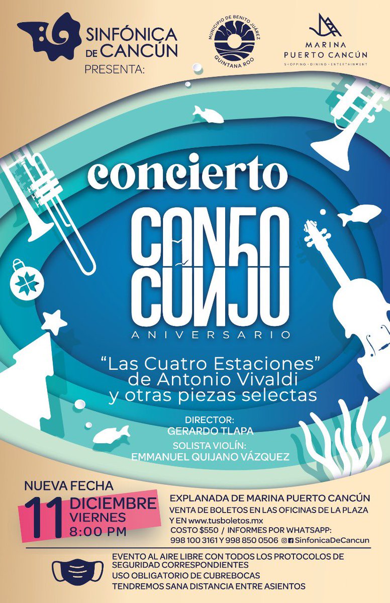Se pronostican lluvias el fin de semana en Cancún, por lo que, nuestro concierto se aplaza una semana. Queremos que disfrutes un concierto maravilloso y la Sinfónica de Cancún interpretará“ Las cuatro estaciones” de Vivaldi, viernes 11 de diciembre, 8pm en Marina Puerto Cancún.
