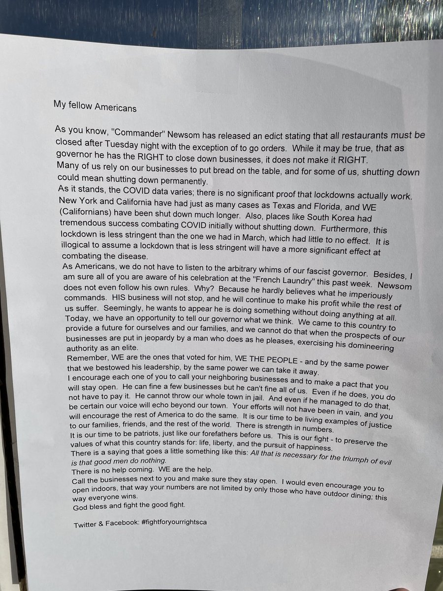 LibertyJen's tweet photo. I’m currently eating at a Los Angeles County restaurant.  
This was on their front door.  
I agree with every word. 
#FightForYourRightsCA 
#RecallGavinNewsom 
#LIBERTY https://t.co/UbPnnNkvzV