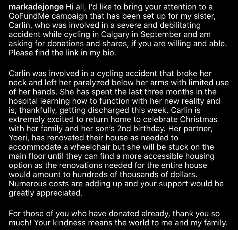 Hi all, I’d like to bring your attn to a GoFundMe campaign that’s been set up for my sister, Carlin, who was involved in a debilitating accident while cycling in Calgary in Sept &amp; am asking for donations and shares, if you are willing and able. Pls visit: bit.ly/2VuonJb