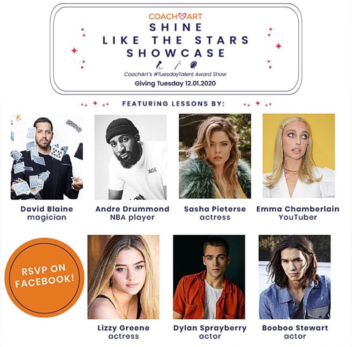 TheKrimGroup's tweet photo. Join us tonight, on #GivingTuesday for the @CoachArtOrg Shine Like the Stars livestream event on Facebook Live! The  Fundraiser will feature highlights of online lessons between CoachArt kids and magician @davidblaine, NBA player @AndreDrummond, Actress @SashaPieterse &amp; more! https://t.co/lxSkaEa1P5