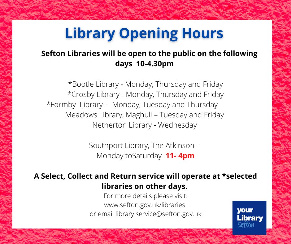 As of the 2nd December libraries will re-open, with a mixture of public access and select, collect and return days. For full details about the services available please visit sefton.gov.uk/libraries