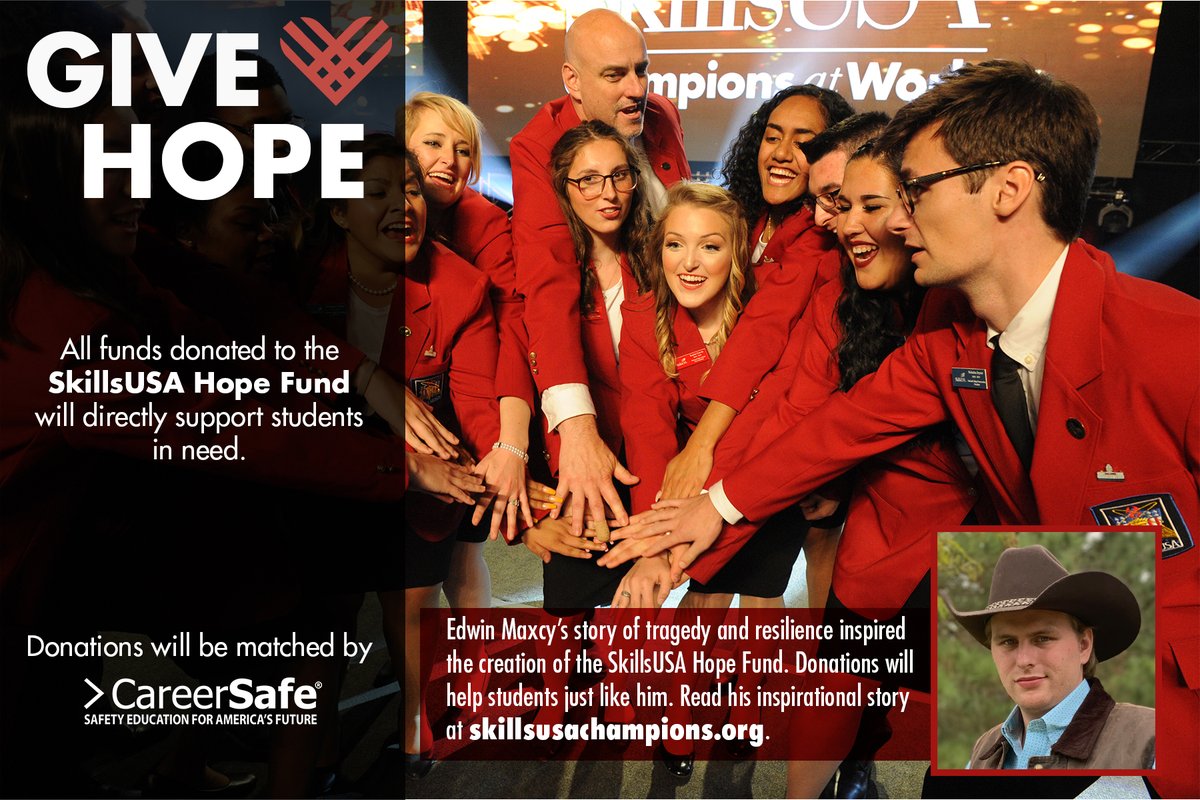 The SkillsUSA Hope Fund was inspired by Edwin Maxcy, a former member who — with the help of SkillsUSA —overcame immense tragedy to find success. Donate now to help other students like Edwin overcome their own challenges. #SkillsUSAGivingHopeDay bit.ly/33vYoFM