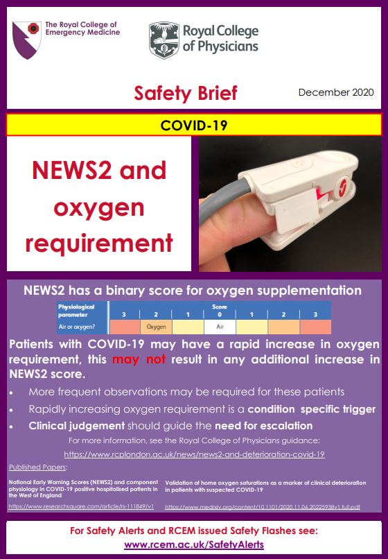 RCollEM's tweet photo. NEW SAFETY FLASH: NEWS2 and oxygen requirement for patients with #COVID19

https://t.co/QGBpv9QV3k

#safety #alert #news2 #oxygen @emmaredfern5 @RCEMpresident https://t.co/e2VEfsESC6