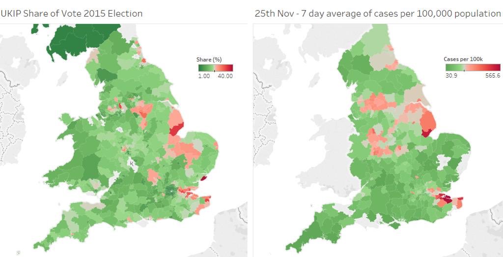 A magnificent example of correlation rather than causation. The map on the left shows the highest density of UKIP votes in the 2015 general election. The one on the right shows the highest density of Covid19 infections during lockdown