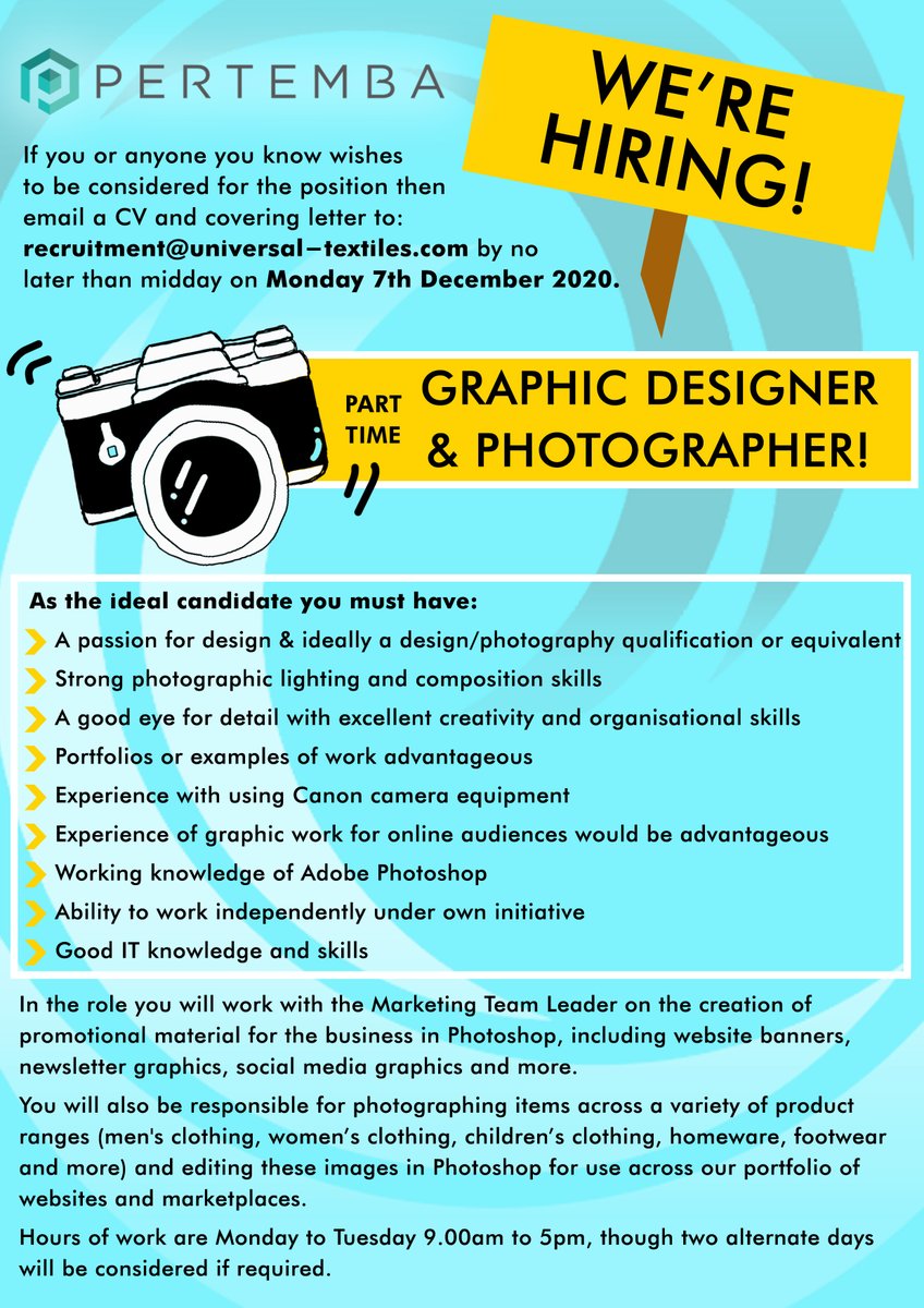 NOW #HIRING: #GraphicDesigner &amp; #Photographer (Part Time). Based in #Leicestershire &amp; looking for a challenging new role? Email your CV &amp; covering letter to recruitment@universal-textiles.com by midday on 7/12. #leicestershirejobs #jobs #job #photoshop #parttimejob #leicesterjobs