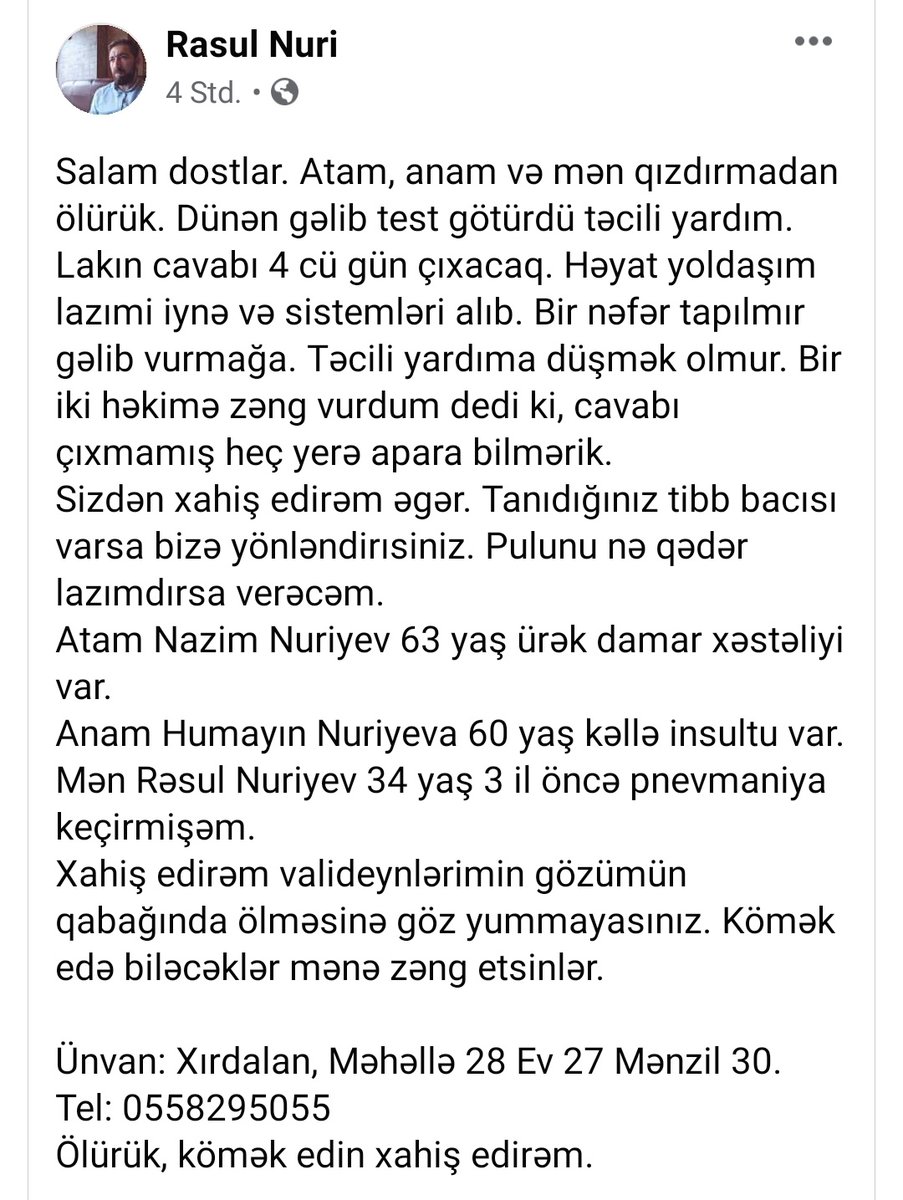 Köhnə iş yoldaşımdı. İş nömrəsini mən işlədirəm, bu gün nə qədər zəng gəlib mənə ona görə. İndi bunu oxudum, çox pis oldum, bəlkə siz kömək edə bilərsiz.