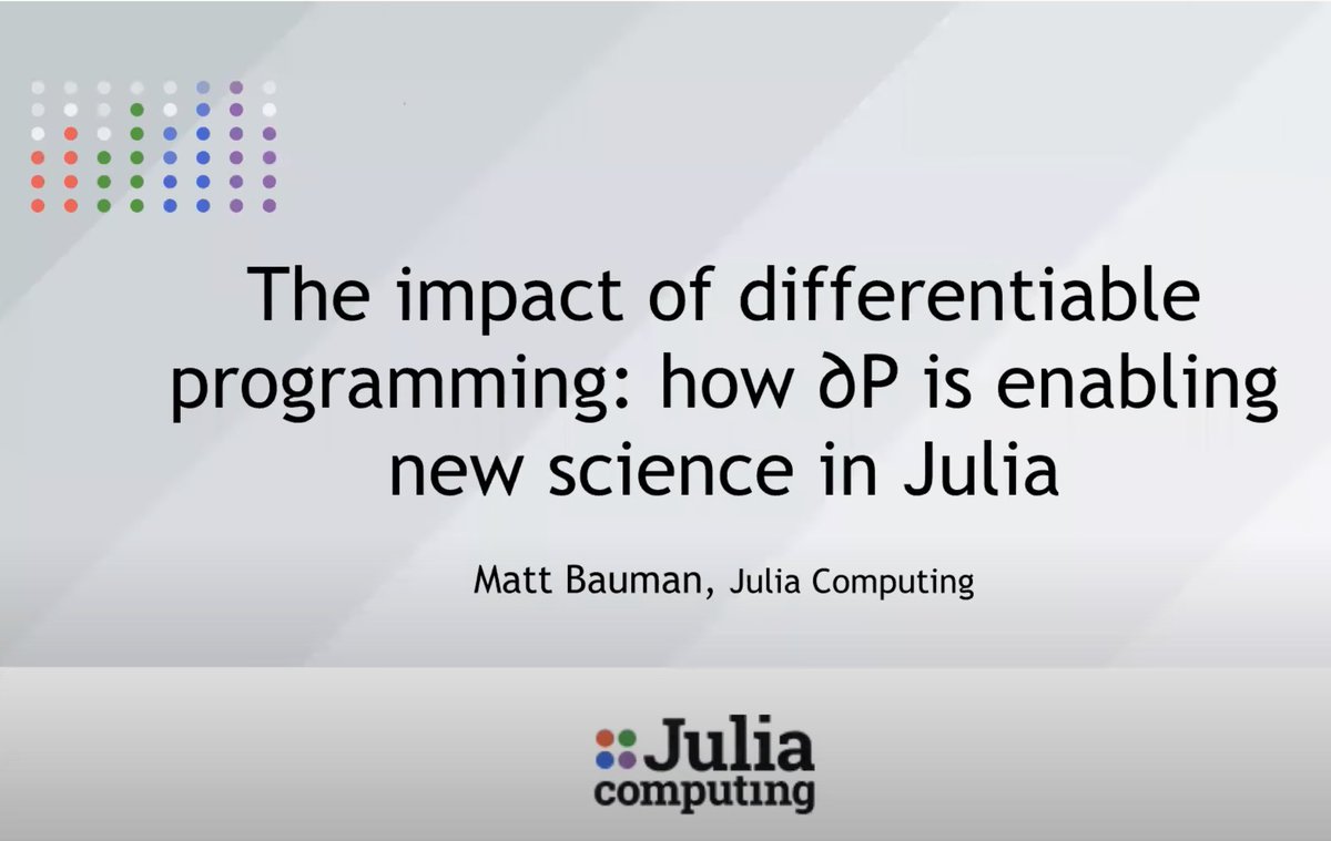 JuliaLanguage's tweet image. Interested in the impact that differentiable programming has had on Julia? Check out @_mbauman's talk at SPLASH Rebase 2020.
Link: youtube.com/watch?v=rF2QAJ…
#JuliaLang #OpenSource #DifferentiableProgramming