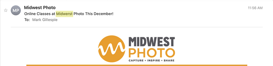 whiskycast's tweet image. Just got this email...somehow, I can't believe this was an #autocorrectfail. (Incidentally, @MidwestPhotoEx in Columbus, OH is a really good camera shop...have stopped there several times in my travels to the Midwerst. 😉)