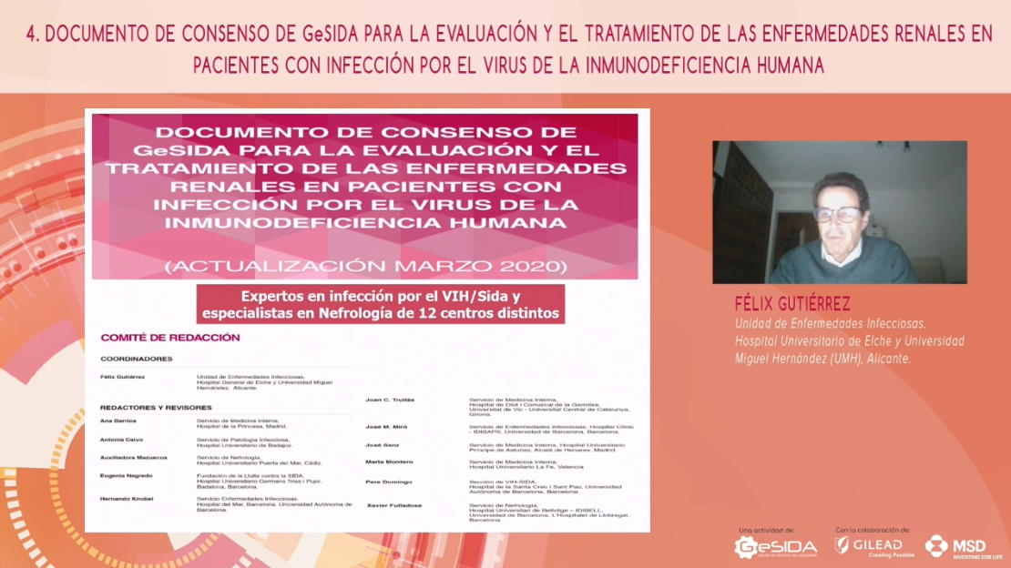 GeSIDA_SEIMC's tweet photo. Cierra esta mesa de presentación de novedades de los documentos de #GeSIDA el Dr. Félix Gutiérrez, del Hospital Universitario de Elche, con el ‘Documento de consenso para la evaluación y tratamiento de las enfermedades renales en pacientes con infección por el #VIH’ #GeSIDA20 https://t.co/Wd7xvahuNB