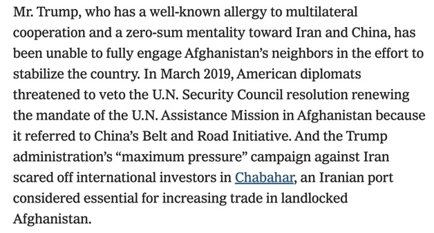 1. This NYT Ed Board opinion rightfully calls for a regional approach to Afghanistan & the region. But a zero-sum mentality is not a Trumpism. Like an amateur day trader who chases rallying stocks, Washington's short-term reactionary multilateralism fails.  https://www.nytimes.com/2020/11/30/opinion/afghanistan-withdrawal-biden.html