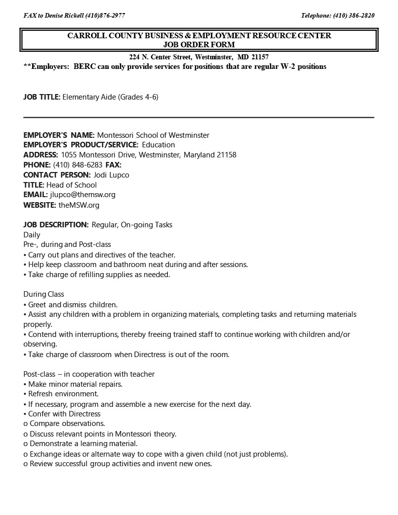 Berc On Twitter Hiring Montessori School Westminster Md Seeking Applications For Elementary Aide Position Part Time See Job Flyer For Details And Requirements To Apply Send Resume To Jlupco Themsw Org Https T Co Ctnfmhedes