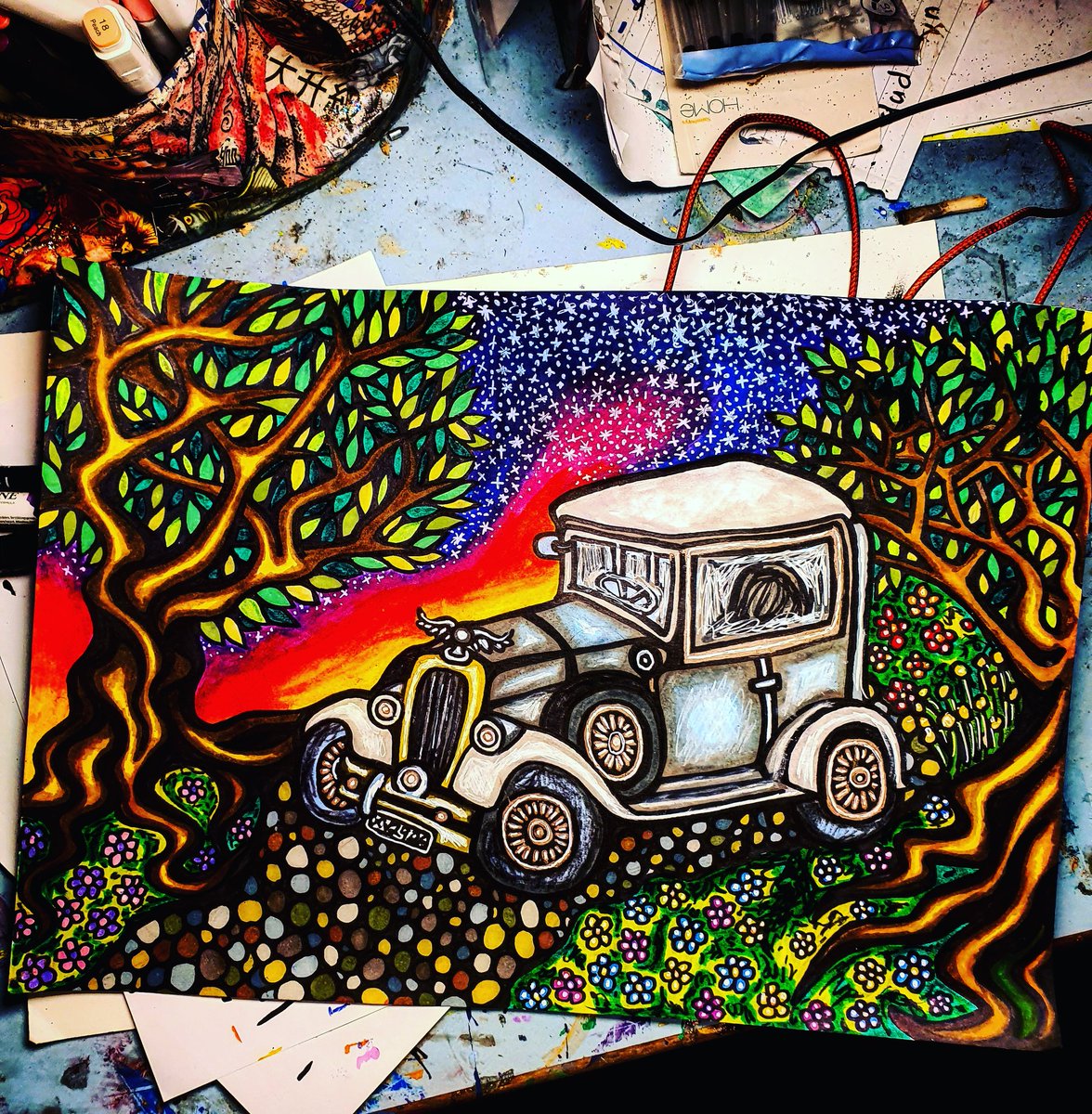 A3 commission for a friend #classiccars #oldschoolcars #oldcars #car #prewarcar #1920s #1930s #1940s #vintage #landscape #fineliners #finelinerart #sharpie #sharpiepen #comissionsopen #comissionedart #nature #flowers #garden #gardening #landscapes #landscapepainting #cars