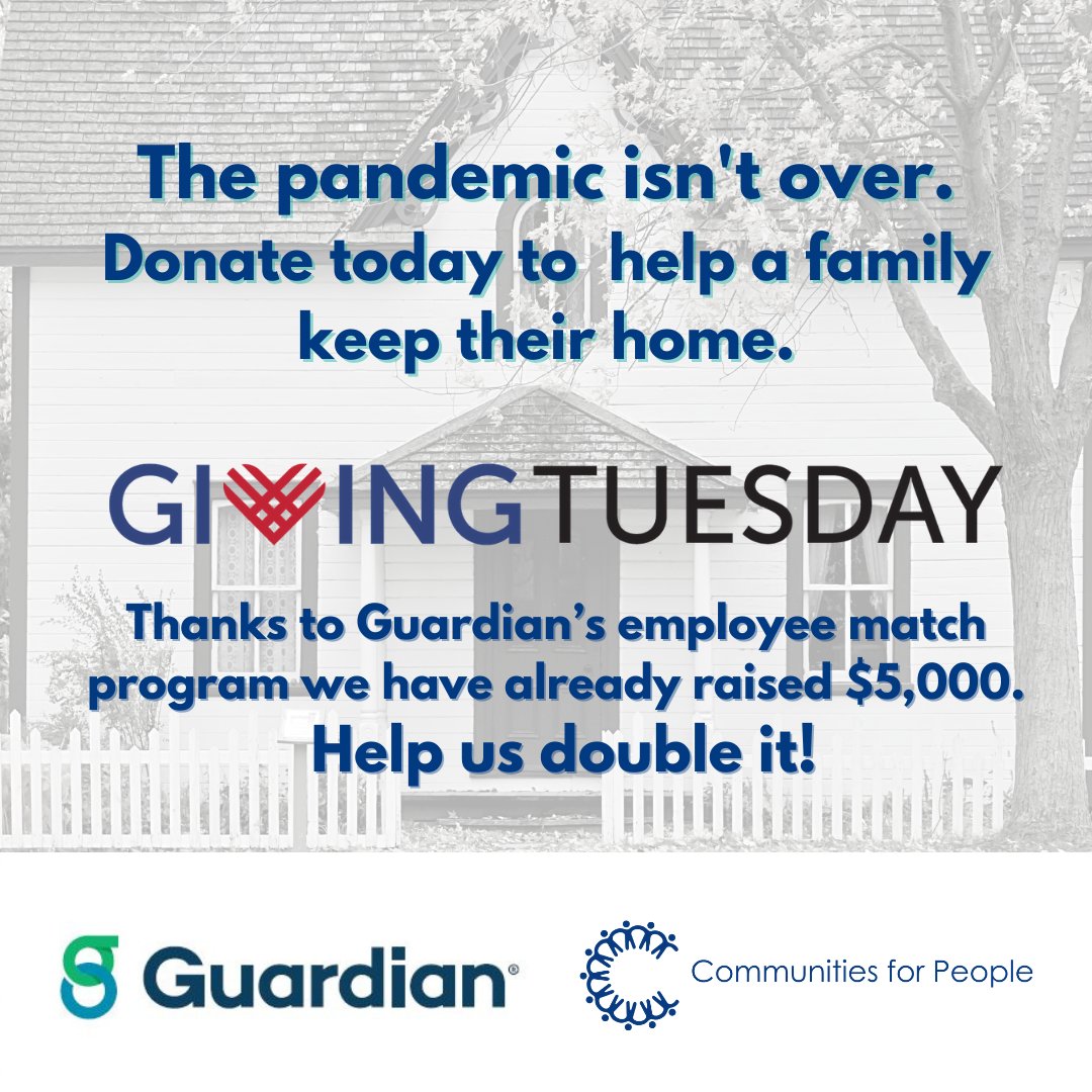 Help prevent homelessness. Donate at ow.ly/Xpbi50Cz99T to provide #emergencyshelter #housingsupport #basicneedsitems  Thanks to  <a href="/guardianlife/">Guardian Life</a> 's employee match program we are halfway to our goal . Please RT!  #guardianemployee #guardianforgood #givingtuesday2020 #giveback