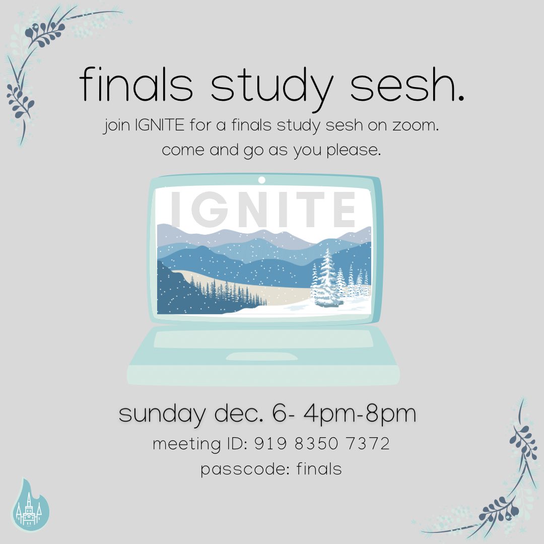 igniteseu's tweet image. Need a calm headspace to study in? Join our finals study sesh Sunday Dec. 6, 4pm-8pm CST. There will be chill music and others studying along with you! 🌨 Come and go as you please!🔥 #igniteseu #studysesh