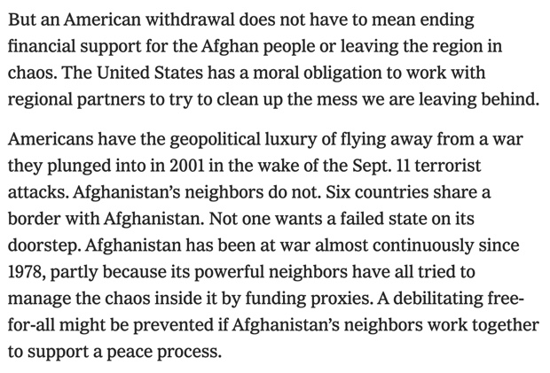 3. But I take issue with the use of "moral obligation" here. Washington is obligated to the interests of the American people. Fewer messes will be created if those interests are prioritized over futile interventions. If this is isolationism, then all our allies are isolationists.