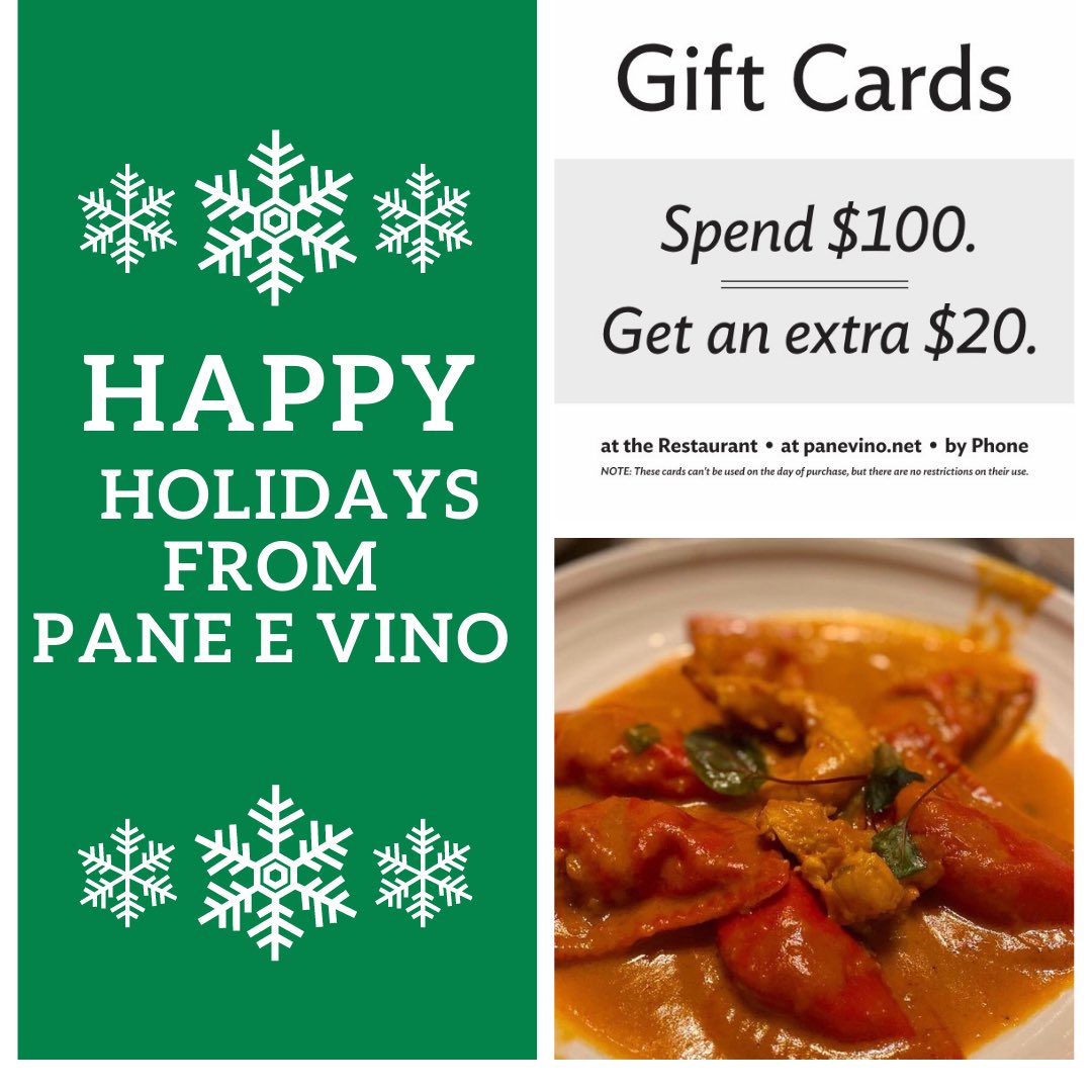 Happy holidays from @panevinoprov ! We are having a gift card special throughout the whole month of DECEMBER , spend $100 and get an extra $20 on us!!! You can purchase gift cards online, at the restaurant or by phone.