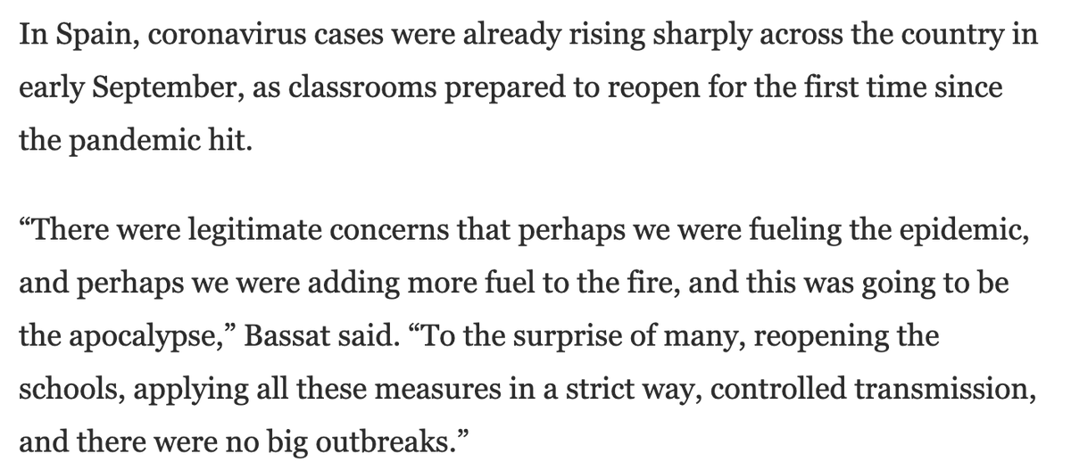 Spain reopened schools "as cases were already rising sharply across the country" and, despite predictions of "the apocalypse," there "were no big outbreaks." https://www.washingtonpost.com/world/europe/europe-schools-covid-open/2020/12/01/4480a5c8-2e61-11eb-9dd6-2d0179981719_story.html