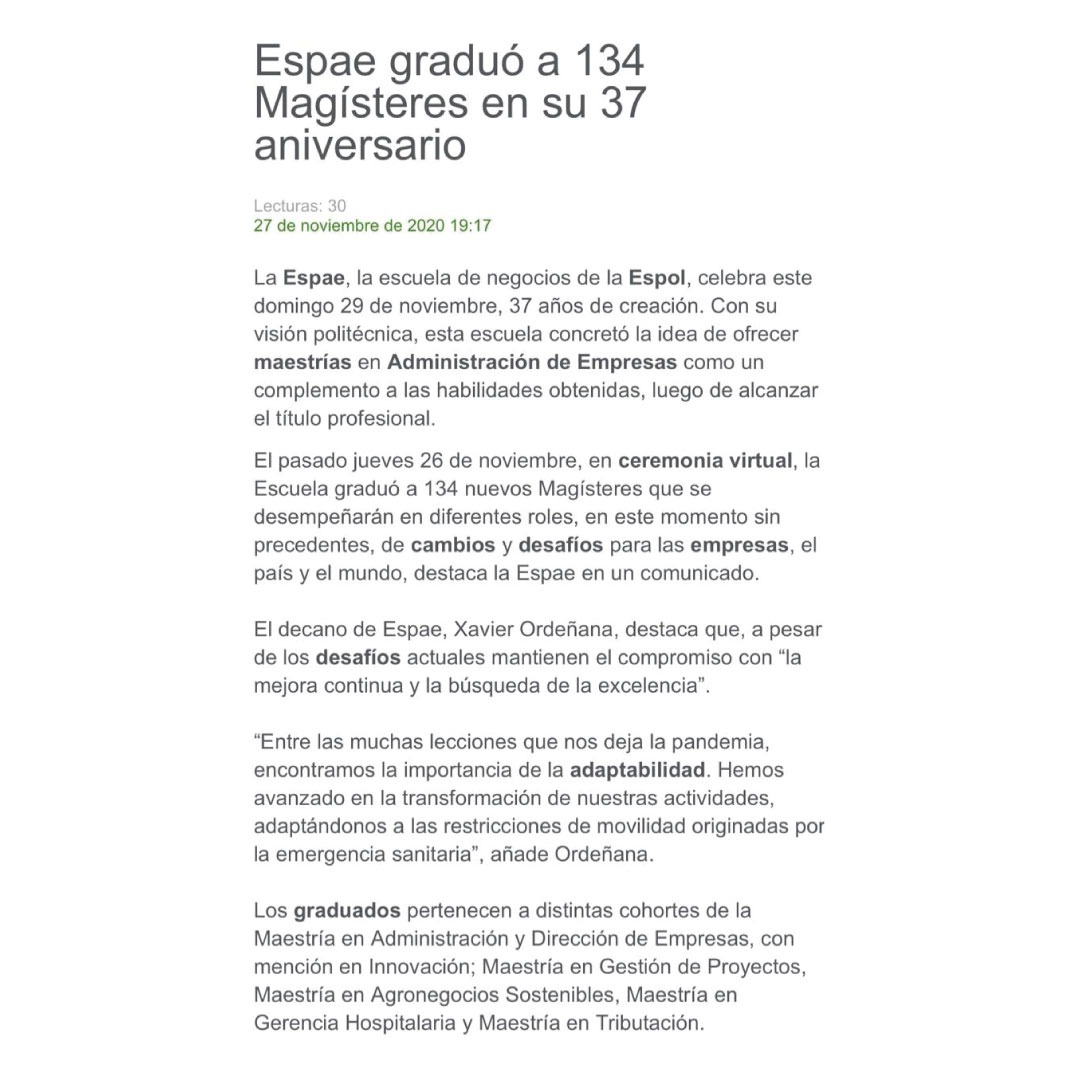 espae's tweet photo. ESPAE, Escuela de Negocios de la ESPOL, celebró el pasado jueves la #GradESPAE2020. Conozca detalles sobre la ceremonia, en la nota realizada por @RevistaLideres.
Lea la nota completa▶️https://t.co/CMhrjPrz6i https://t.co/QyeGW5d0Hs