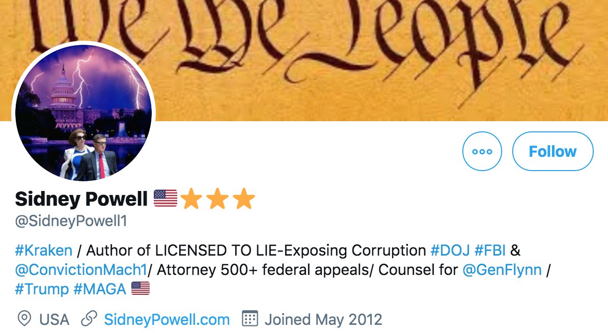 Attorney  @SidneyPowell1, known for representing Michael Flynn, filing multifarious election-related lawsuits, and overuse of the word "Kraken", has accumulated an impressive 1139718 Twitter followers, more than half of them since election day. We took a look.cc:  @ZellaQuixote