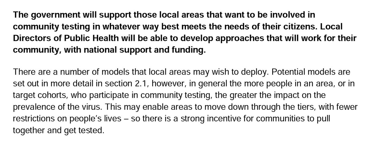 Despite all this, the government says "community testing .. may enable areas to move down through the tiers".Dangling a possibly unrealistic carrot in front of local authorities representing the millions of people still facing the toughest restrictions as lockdown ends.