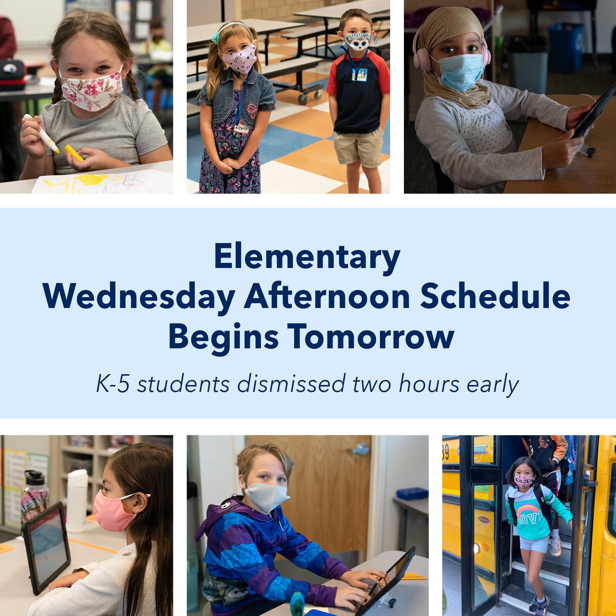 Reminder: elementary students will begin their new Wednesday afternoon schedule tomorrow. Students will be dismissed from school two hours early for flexible learning time. More information: bit.ly/2VmsYgv