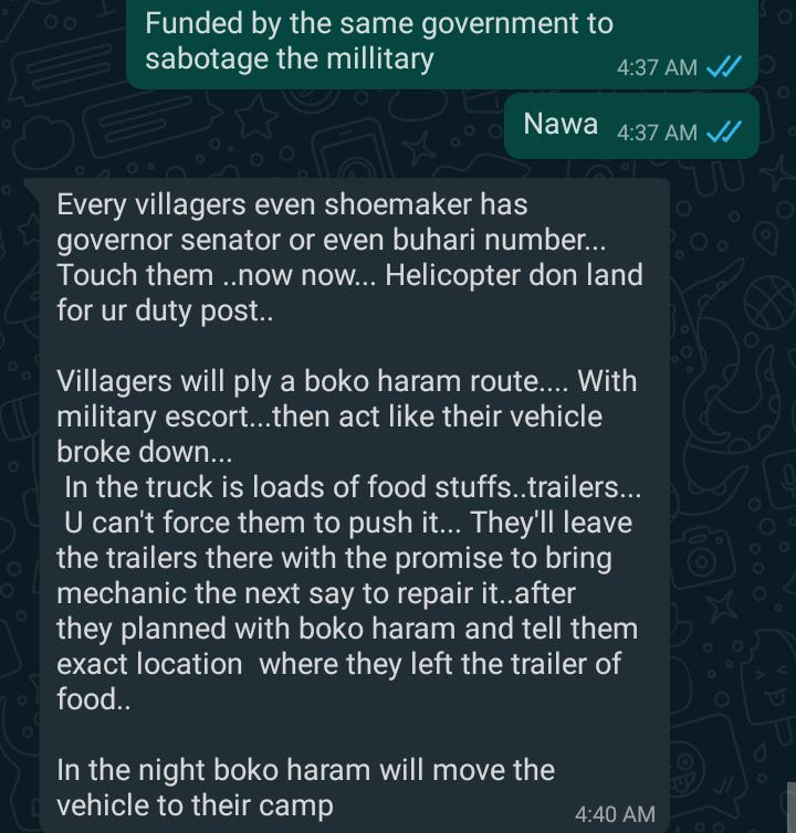 Despite the achievements of so many service members, the Nigerian public tends to only hear about is the negative stuff. Given below is a chat between an obviously frustrated soldier in the frontline.