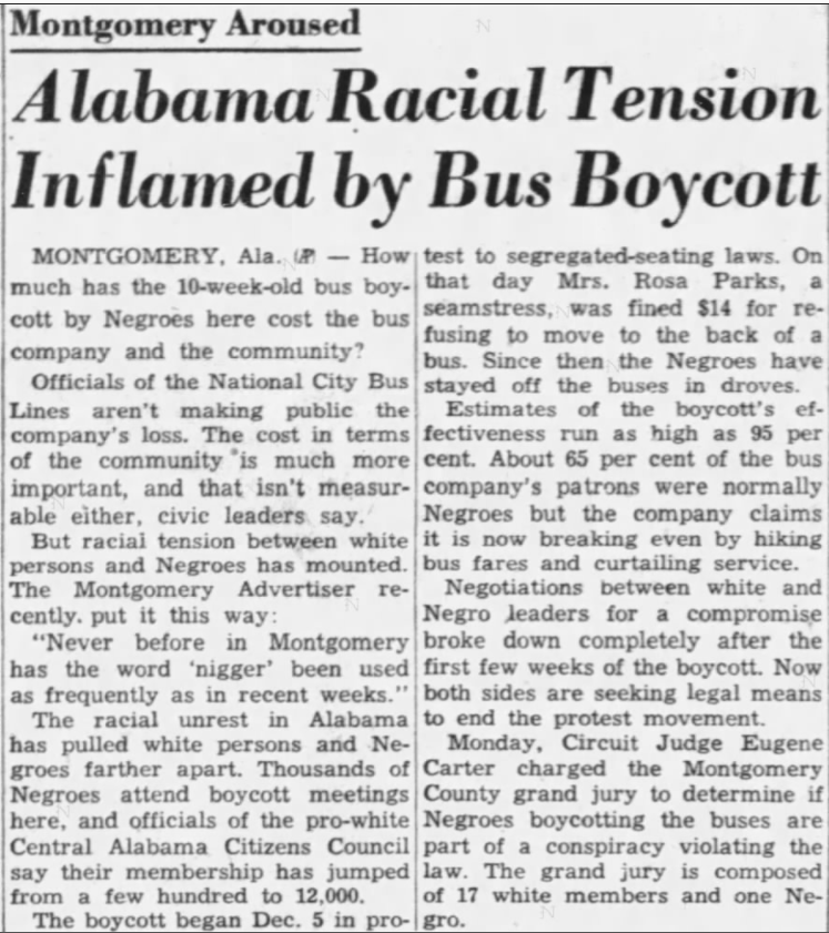 Follow up coverage in February 1956, 10 weeks into the Montgomery Bus Boycott."The racial unrest in Alabama has pulled white persons and Negroes farther apart."