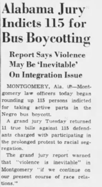 More coverage from February 1956, when a grand jury of 17 white men and 1 Black man indicted more than 100 people for their roles in the boycott.