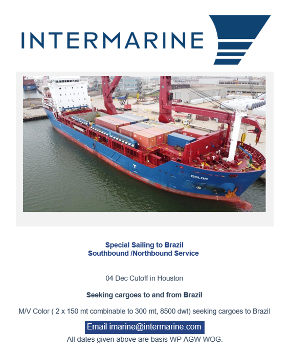 Intermarine_'s tweet photo. ECSA Special Sailing // Brazil // Southbound + Northbound Service. M/V Color (2 x 150mt combinable to 300mt, 8,500dwt). Seeking cargoes to and from Brazil. 04 Dec cutoff in Houston. #shipIntermarine #shipping #breakbulk #maritime #logistics #ECSA #brazil #brasil #projectcargo https://t.co/wFlbR2LMPX