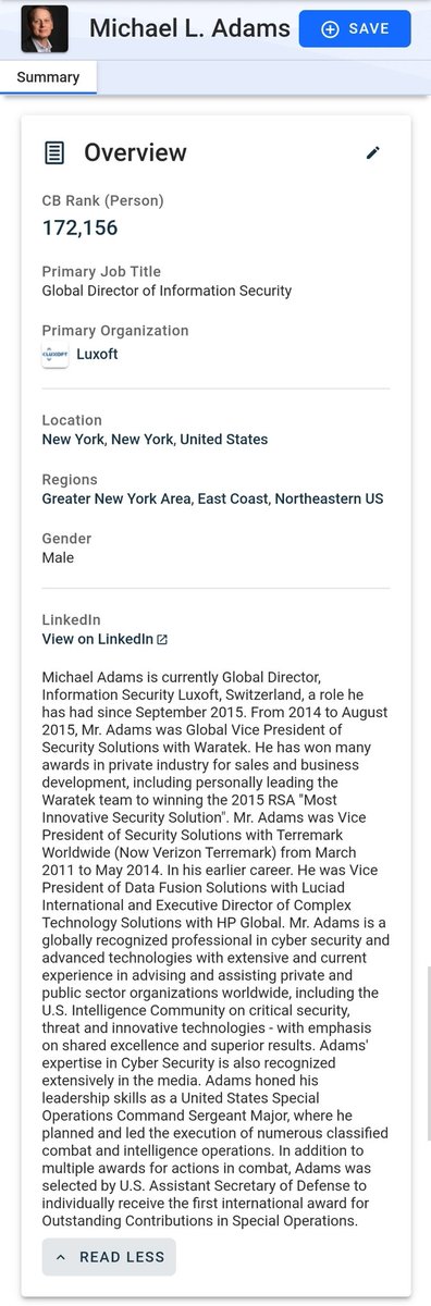 4/ Adams was a SOCOM Sergeant Major and the Global Director for Information Security  @luxoft, a company he says is owned by the FSB founding fathers, indeed it was founded in Moscow. Major clients =  @DeutscheBank,  @Boeing, and  @kaspersky. Dig in!  https://www.crunchbase.com/person/michael-l-adams