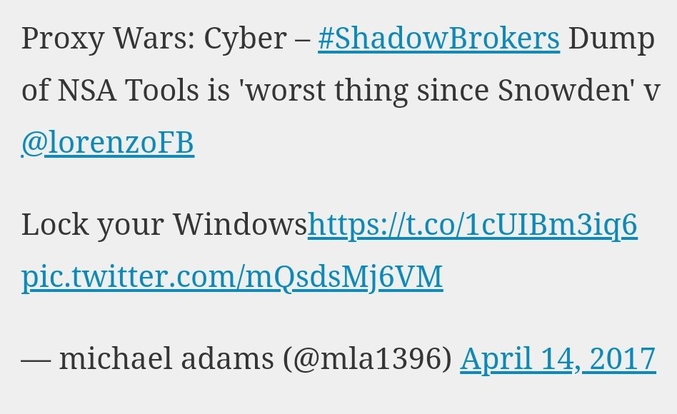 6/ At some point in or after 2017 he deleted all of his tweets and linkedin page, and has seemingly fell off of the map. Some of his tweets are archived though, Shadow Brokers are a theme.  http://Linkedin.com/in/mla13&nbsp;