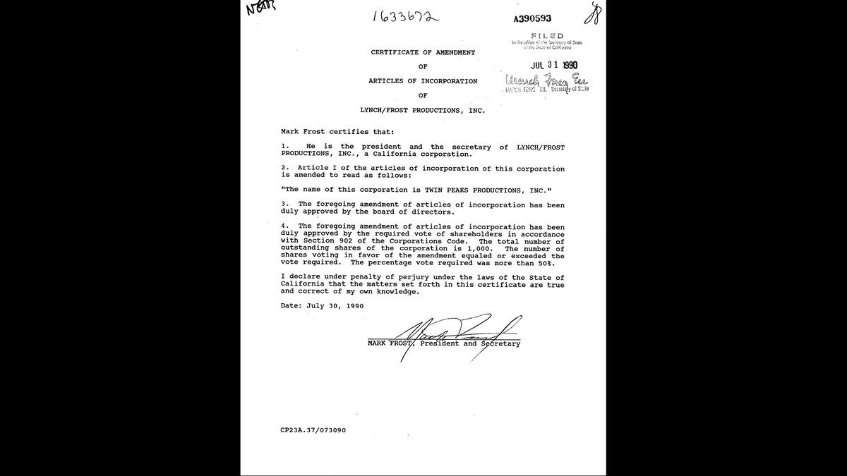 As you can see from this 1990 filing, back then Mark Frost was the president and secretary of Twin Peaks Productions, Inc. (There's also a 1993 filing that's unfortunately not viewable online; it's conceivable this officer change was made back then, though that seems unlikely.)