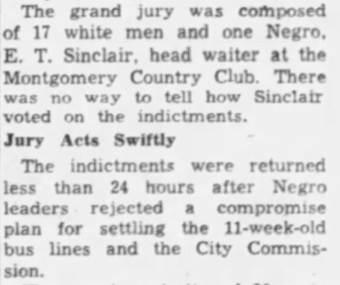 More coverage from February 1956, when a grand jury of 17 white men and 1 Black man indicted more than 100 people for their roles in the boycott.