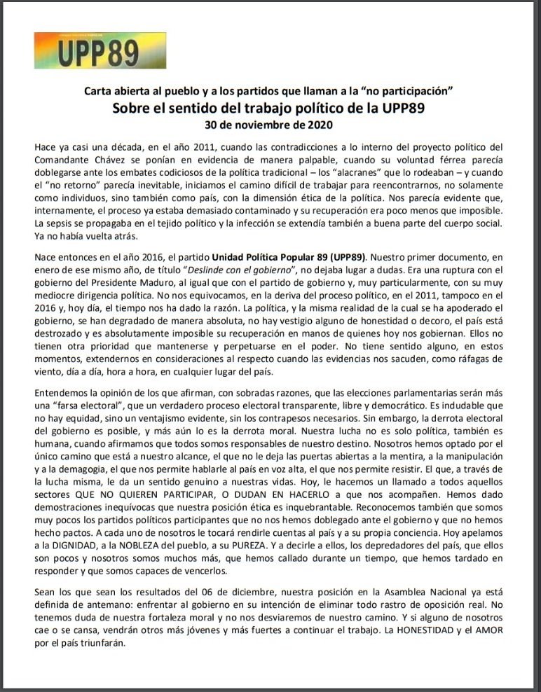 Upp89_Monagas's tweet photo. #1Dic| A todos esos partidos que llaman a la abstención al voto y a la población venezolana hacemos llegar una carta abierta sobre el sentido del trabajo de nuestra gran familia de la @Upp89_Monagas, @CUpp89, @UPP89_Nacional y demás dependencias. https://t.co/rXCmLxDpPZ