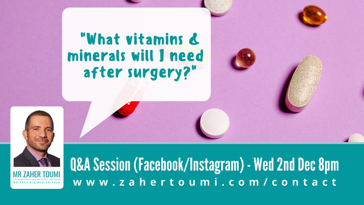 Many patients do not know which #vitamins and #minerals supplements they need after #bariatricsurgery.

If that is YOU, please join me for an answer during my live #facebook and #instagram session tomorrow evening Wed 2nd December 8pm UK time/3pm EST.

👇