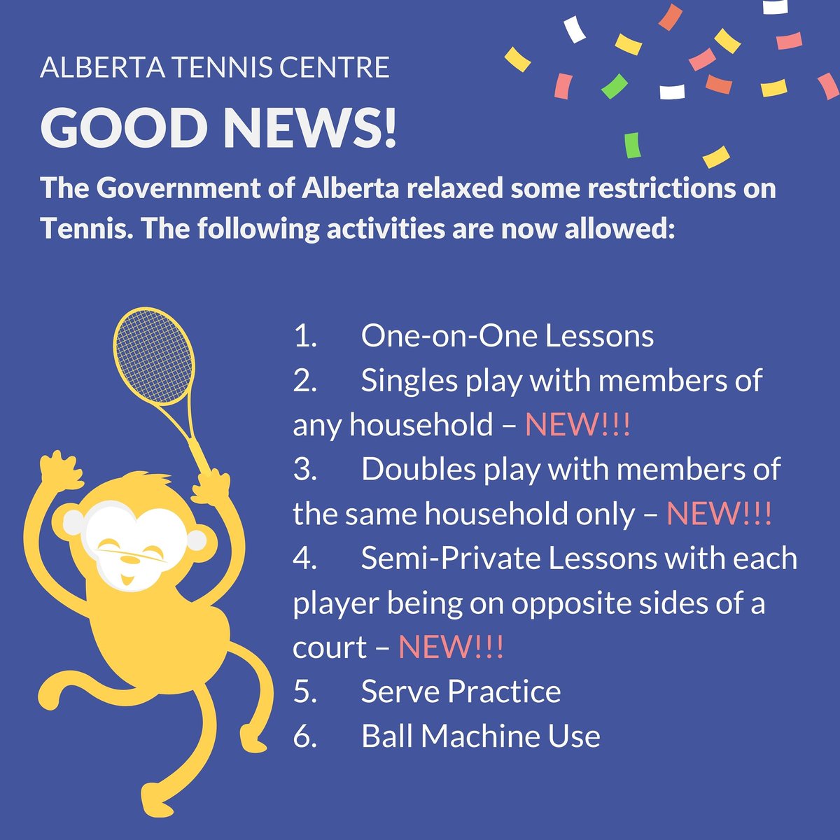 📢 GOOD NEWS! We got some words from the Government that we can open up singles for players from different household, and doubles within the same household 🎉
.
#ATCPROUD #atccares #goodnews #woohoo #tennis #yyctennis #calgarytennis #calgarysport