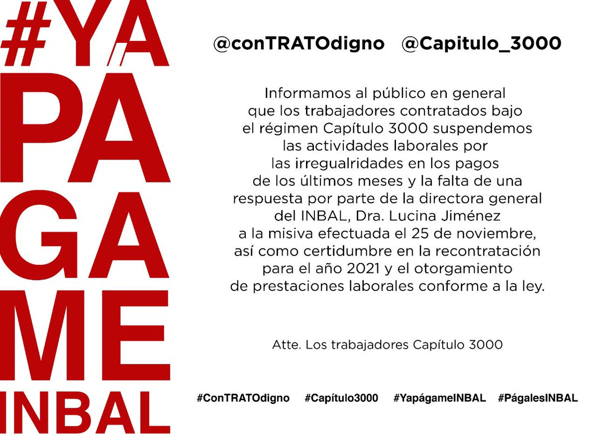 conTRATOdigno's tweet photo. Al 1ero de diciembre los trabajadores @capitulo_3000  de @bellasartesinba  seguimos a la espera del pago del mes de octubre, por lo que:  Por este medio, hacemos de conocimiento público que, a partir de este momento y hasta nuevo aviso, implementaremos  un paro total de labores. https://t.co/fJZrQy4IMC