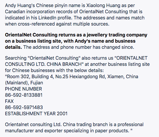 5/-Andy Huang's Chinese pinyin name is Xiaolong Huang-His "OrientalNet consulting" has a Xiamen address-They state that they are specialists IN PAPER PRODUCTS!! (BALLOTS!!)