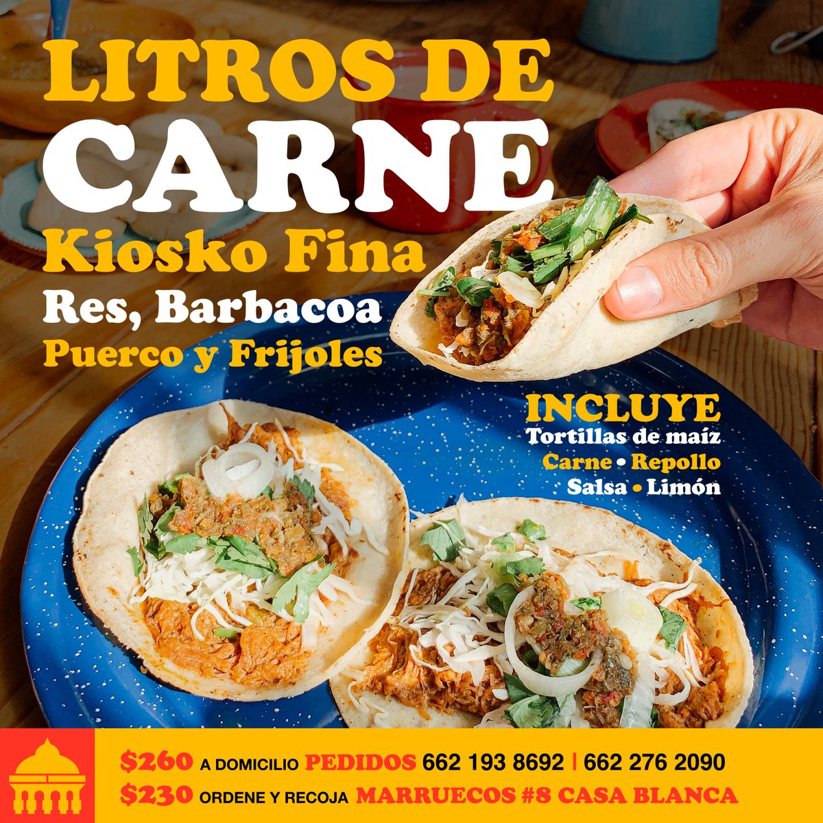 KioskoFina's tweet photo. ¡Venta de litros de carne de res, puerco, barbacoa de res y frijol!

Están abiertos los pedidos desde hoy, por esta ocasión entregas este Viernes 04 y Sábado 05 de Diciembre.

📞  Pedidos.  662 193 8692   I   662 276 2090

🌮 Los originales del Kiosko Fina 🌮 https://t.co/GZAhmFQMsK