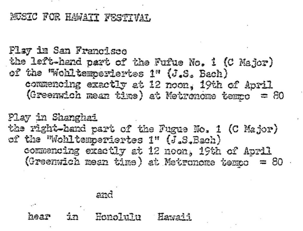 From the 1964 Festival of Music &amp; Art of This Century that took place <a href="/uhmanoa/">University of Hawaii at Manoa</a> (where Cage and Takemitsu met for the 1st time) There was a "Fluxus Festival" within the festival, including this work by Nam June Paik that takes socially distanced performance to a whole new level!
