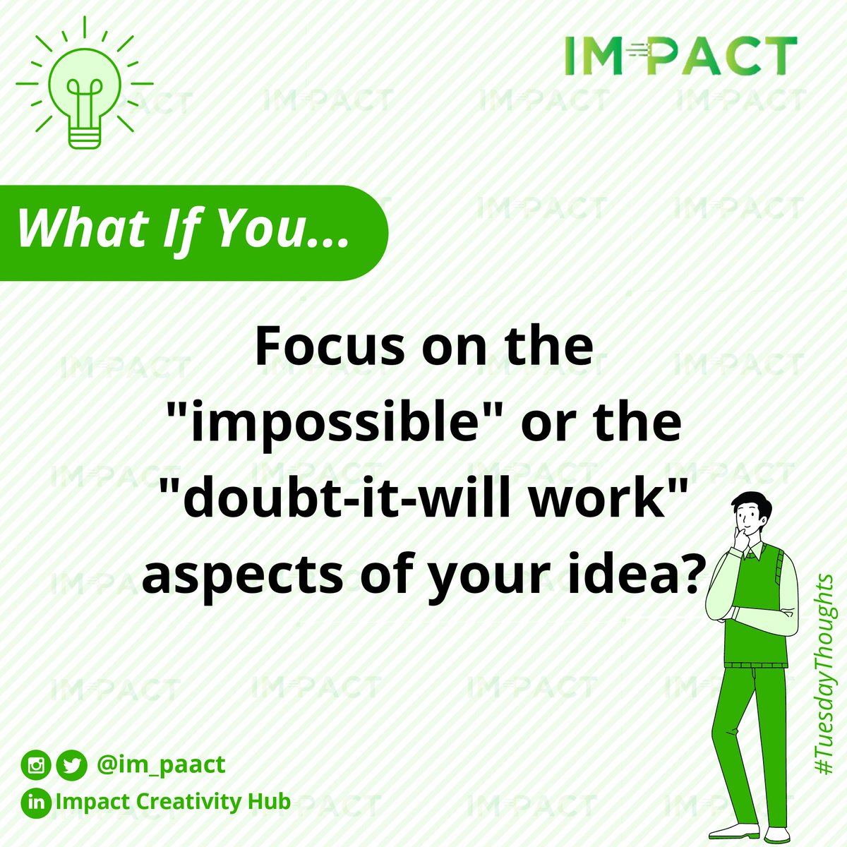 im_paact's tweet photo. Is there anything like "impossible"? Or you have only created a limitation to your mind - through doubts and customary beliefs?

Remember, as long as you are going to be thinking anyway, #ThinkBIG.

Follow us on Twitter and Instagram for more posts concerning #startups.

#IM_PACT https://t.co/Swk0fkf4Y1