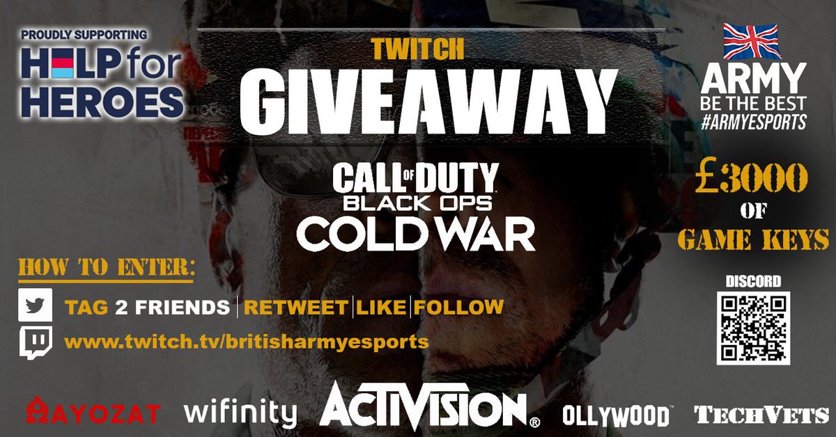 BritArmyesports's tweet photo. Tuesday 1st December at 1930 GMT.
 #Giveaway 
#CallOfDutyBlackOpsColdWar 
How to ENTER:
Follow
Retweet
Tag 2 Friends 

Follow and tune in to https://t.co/a1jYv6sDx2 

#counterstrike #Competition #Activision #competition
#sweepstakes #win #prize #giveawaycontest #British_Esports https://t.co/F9I3KoGbwe