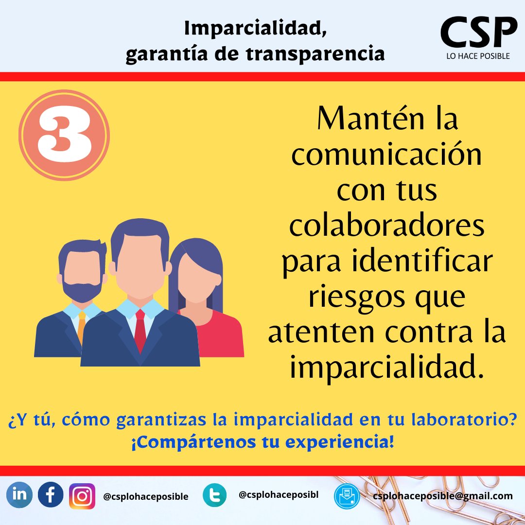csplohaceposibl's tweet photo. La imparcialidad durante la ejecución de las actividades de un laboratorio es crucial para garantizar la transparencia de sus operaciones y la ausencia de conflictos de intereses que pudieran atentar contra la calidad del servicio prestado 👨🔬👩🔬👍
#CSP2020
#LaboratoriosClínicos https://t.co/csNZz8d2W0