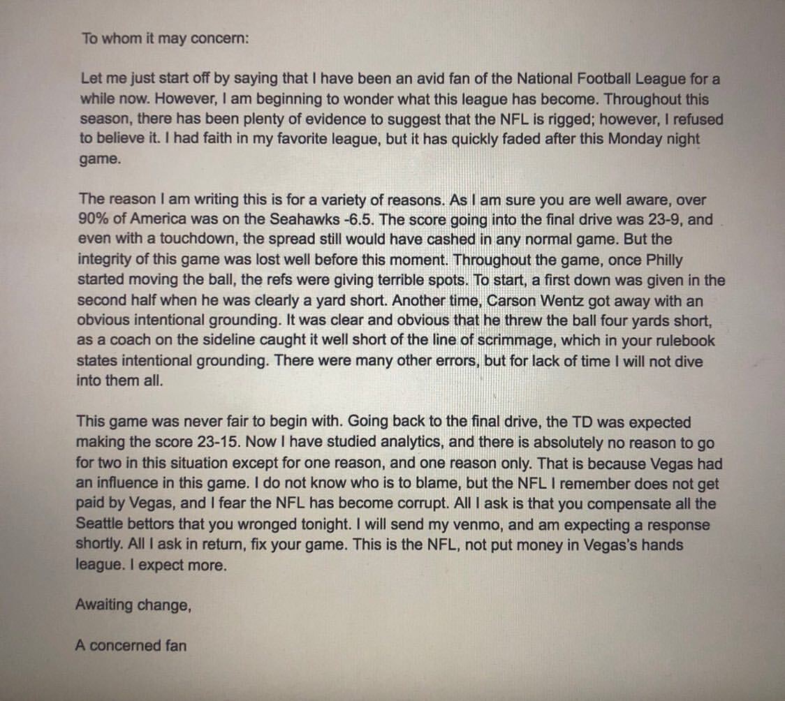 He really emailed Goodell and the NFL after losing his Seahawks bet last night 💀

(IG: kilkenny_27)