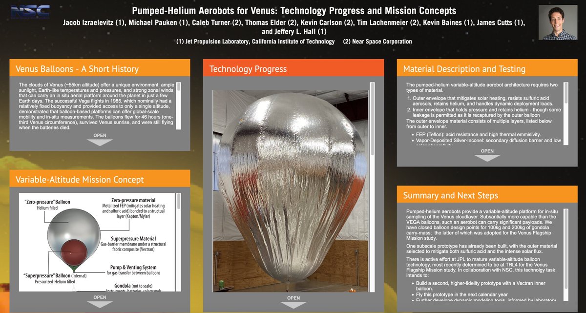 5/ To the actual balloon vehicle! Jacob Izraelevitz leads a poster on developing a Venus variable altitude balloon that can navigate up and down the Venus atmosphere.  #AGU2020 …https://agu2020fallmeeting-agu.ipostersessions.com/?s=09-6E-6D-3E-22-CA-89-C0-DA-39-90-AD-9C-35-6D-2C