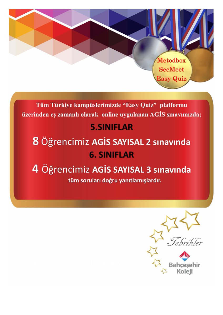 Türkiye genelinde tüm kampüslerimizde eş zamanlı olarak “Easy Quiz”platformu üzerinden onlıne olarak uygulanan 5.sınıflar düzeyinde  AGİS 2 SAYISAL sınavımızda 8 öğrencimiz ve 6.sınıflar düzeyinde AGİS 3 SAYISAL sonavımızda 4 öğrencimiz TÜRKİYE 1.si olmuşlardır