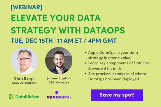 datakitchen_io's tweet photo. Planning your data strategy for 2021?
Join @datakitchen_io CEO @ChrisBergh & @cynozure_uk CTO @James_Lupton for a live webinar on Tue Dec 15th, 11 AM ET/4 PM GMT to elevate your data strategy with DataOps.
#DataKitchen #Cynozure #DataStrategy #DataOps
https://t.co/XRj1WjleUg https://t.co/cDyvAD5aUl