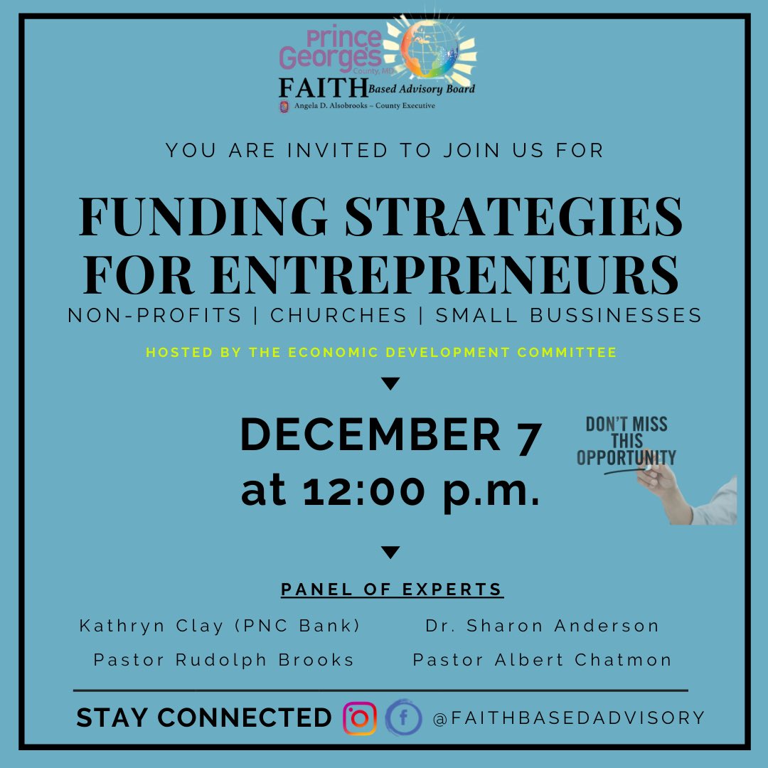 kcgconsults's tweet photo. Plan to join us next Monday as Dr. Sharon Anderson, along with some of the brightest speakers, offer a variety of resources going into our new year. 
This is an opportunity for ALL Entrepreneurs! 

#entrepreneurlife #nonprofits #smallbussinesses #faithbased #princegeorgescounty https://t.co/JRSidpWOgi